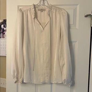 LOFT Cream Ruffle Tie-Front Blouse